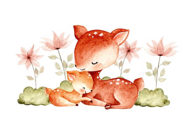 Watercolor hand drawn illustration baby deer and mom with flower