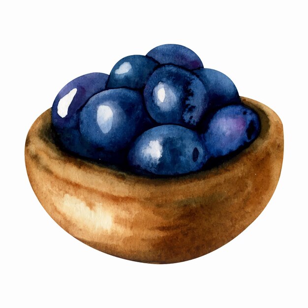 Watercolor hand drawn illustration of a bowl with ripe black olives isolated on a white background