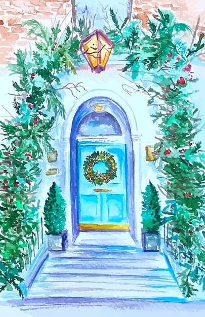 Illustrazione disegnata a mano ad acquerello corona di natale su una porta, porta blu della casa decorata di natale