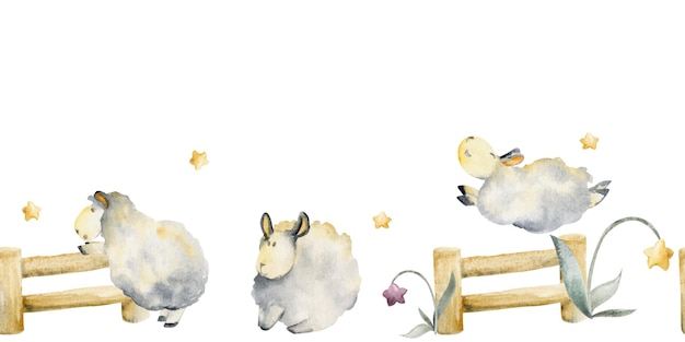 Watercolor hand drawn illustration cute plush baby sheep jumping over fence with magical star flowers Seamless border Isolated on white background For kids children bedroom fabric linens print