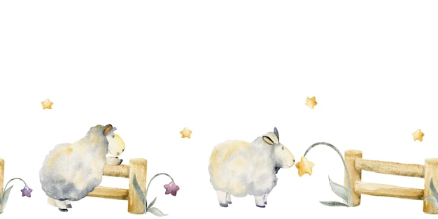 Vector watercolor hand drawn illustration cute plush baby sheep jumping over fence with magical star flowers seamless border isolated on white background for kids children bedroom fabric linens print