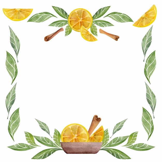 Vector watercolor hand drawn illustration green leaves garland lemon slices cinnamon sticks square frame isolated on white background for invitations cafe restaurant food menu print website cards