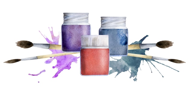 Vector watercolor hand drawn illustration kids children paint materials supplies gouache ink acrylic with brushes splashes composition isolated on white for school kindergarten party cards website