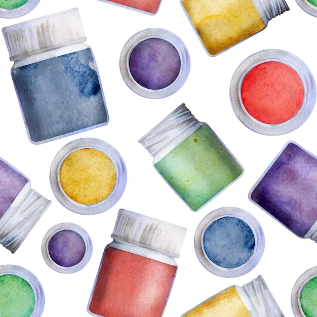 Vector watercolor hand drawn illustration kids children painting materials supplies color gouache acrylic ink tempera bottles seamless background isolated on white for school cards party website shop