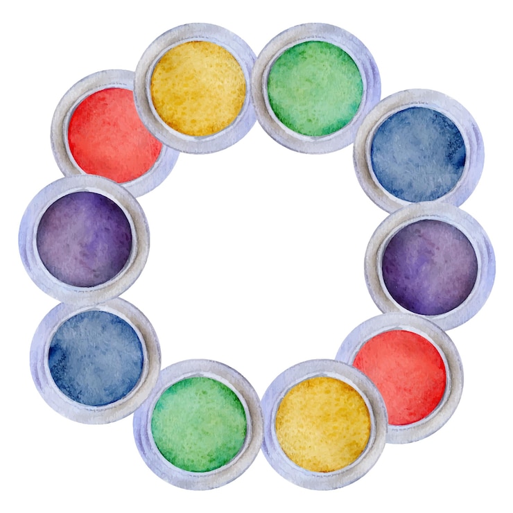 Vector watercolor hand drawn illustration kids children painting materials supplies colorful gouache acrylic ink bottles wreath frame isolated on white school kindergarten party cards website shop
