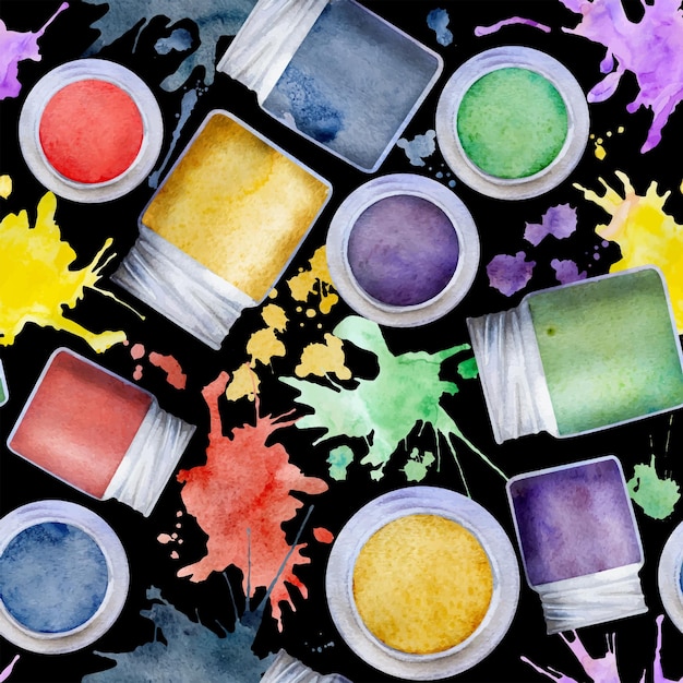 Watercolor hand drawn illustration kids children painting materials supplies gouache acrylic ink bottles splashes seamless background isolated on black school kindergarten party cards website