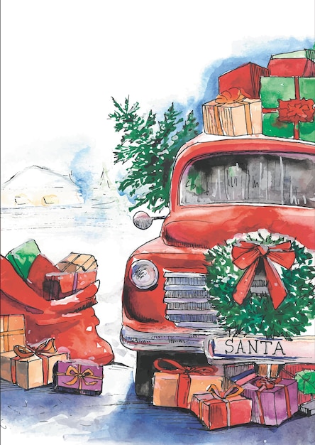 Watercolor hand drawn illustration santa car with christmas gifts