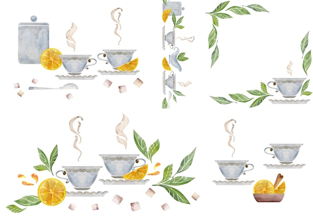 Vettore illustrazione disegnata a mano dell'acquerello teaware tè limone cannella piatti pacchetto set di composizioni isolato su sfondo bianco per inviti bar ristorante cibo menu stampa carte sito web