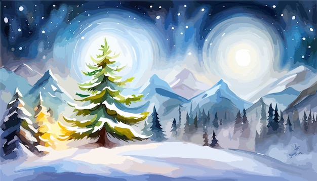 크리스마스 나무와 겨울 숲 겨울 풍경 수채화 손으로 그린 그림