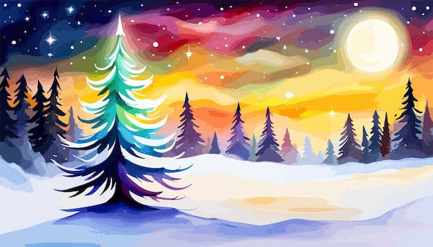 ベクトル 冬の森とクリスマスツリーのある冬景色の水彩の手描きイラスト