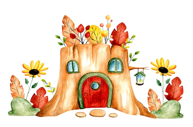 Vector watercolor hand drawn log wood house