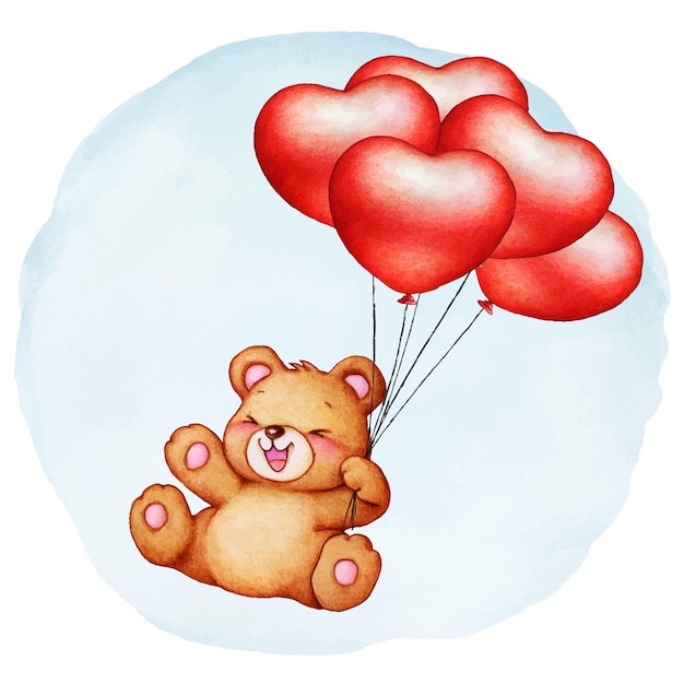 Вектор Акварель рисованной медведя с сердечными шарами