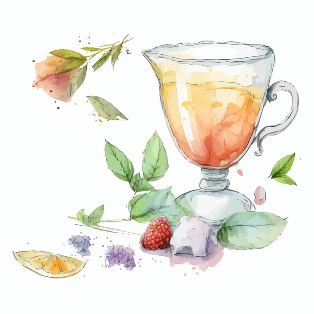 Watercolor hand drawn painted tea vector illustration Handdrawn illustration isolated on white background in boho style