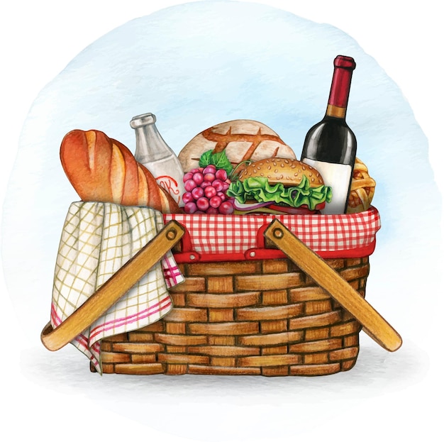 Vector watercolor hand drawn picnic basket full od food