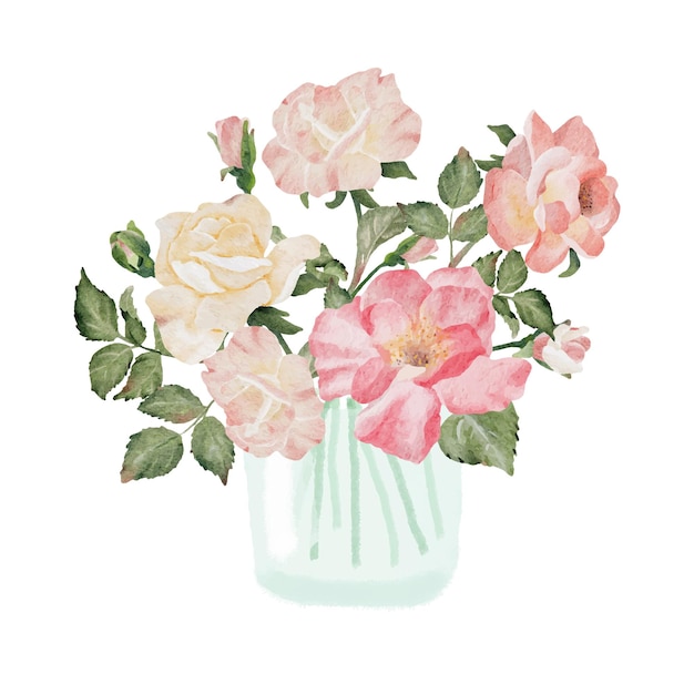 白い背景で隔離のガラスの水彩手描きピンクワイルドローズ花束