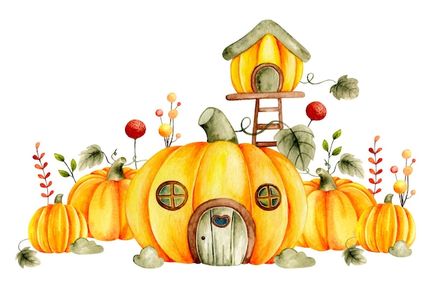 watercolor hand drawn pumpkin house