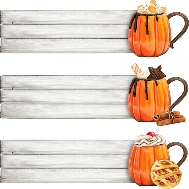 Vector watercolor hand drawn pumpkin spice cup banners