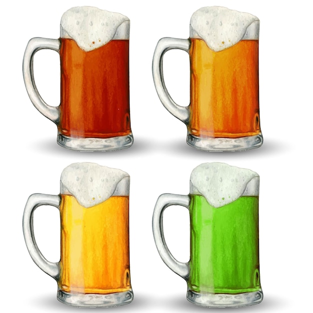 Watercolor hand drawn realistic glasses of beer