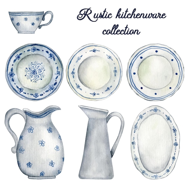 Vector watercolor hand drawn rustic kitchenware collection. ceramic plates, teacup, jug with blue tracery