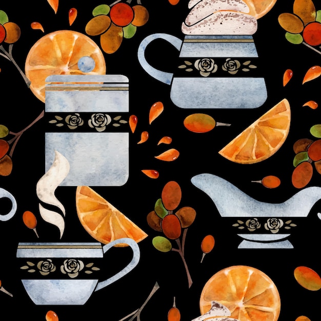 Watercolor hand drawn seamless pattern with coffee cups beans sugar cubes orange slices juice drops Isolated on dark background For invitations cafe restaurant food menu print website cards