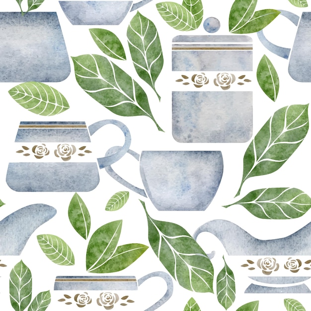 Watercolor hand drawn seamless pattern with porcelain and gold coffee cups leaves creamer jar daisy Isolated on white background Invitations cafe restaurant food menu print website cards