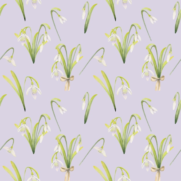 Watercolor hand drawn seamless pattern with spring flowers snowdrops leaves stems isolated on color background design for invitations wedding greeting cards wallpaper print textile