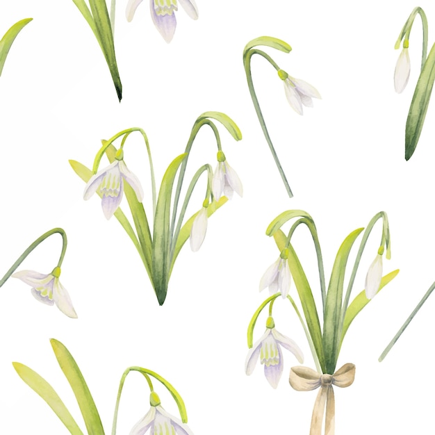 Watercolor hand drawn seamless pattern with spring flowers snowdrops leaves stems isolated on white background design for invitations wedding greeting cards wallpaper print textile