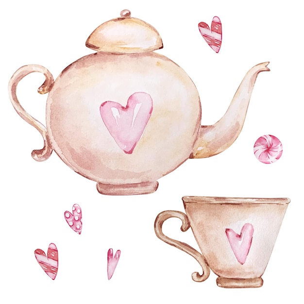 Watercolor hand drawn set of beige teapot and cup with pink hearts isolated on white background