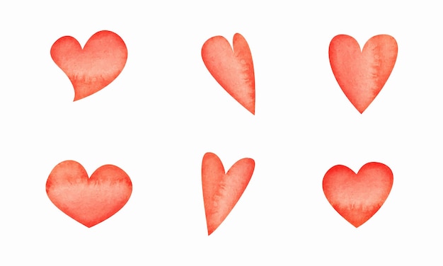 Vector watercolor hand drawn set of objects textured red pink hearts for valentine's day isolated on white background design for paper love greeting cards textile print wallpaper wedding