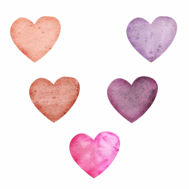 Watercolor hand drawn set of objects textured red pink and purple hearts for Valentine's day Isolated on white background Design for paper love greeting cards textile print wallpaper wedding