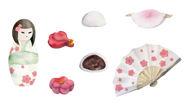 Insieme disegnato a mano dell'acquerello di dolci tradizionali giapponesi inverno wagashi fan bambole kokeshi isolato su sfondo bianco design per inviti menu ristorante biglietti d'auguri stampa tessile