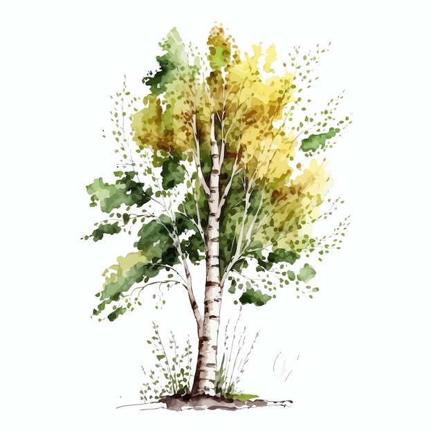 Watercolor hand drawn sketch birch tree Handdrawn illustration isolated on white background in boho style