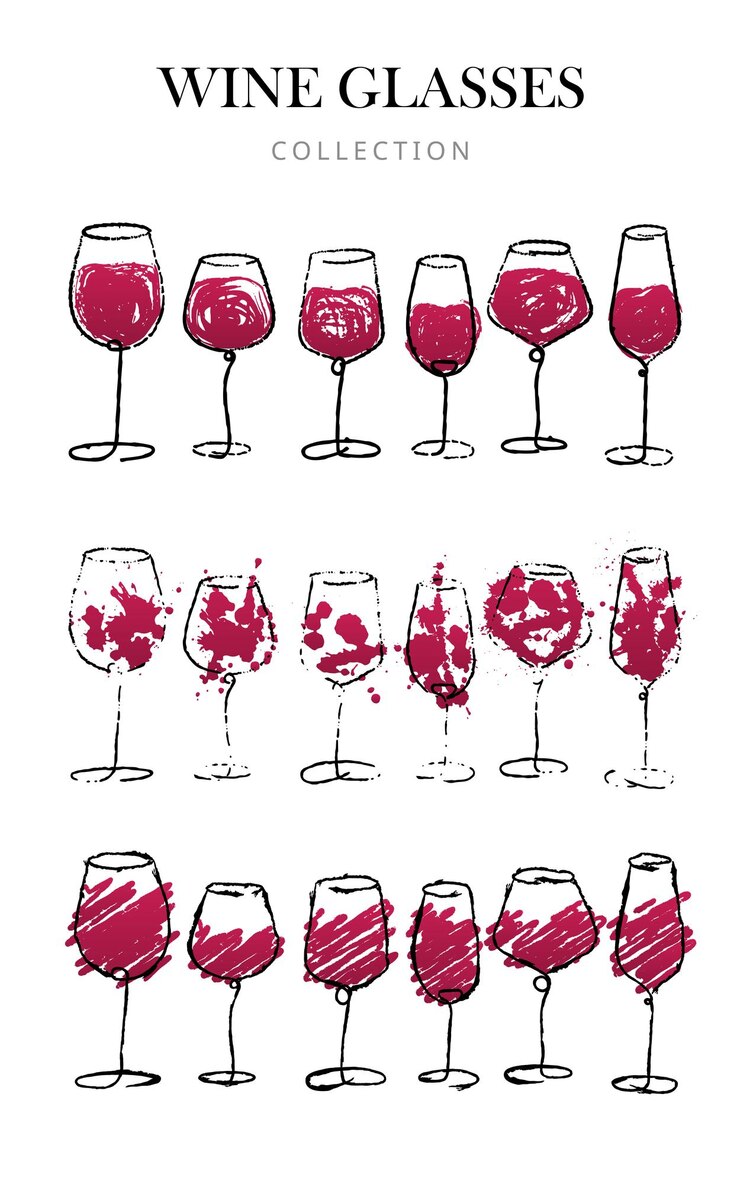 Vector watercolor hand drawn sketch of wine glasses set. grunge brush wine glass collection