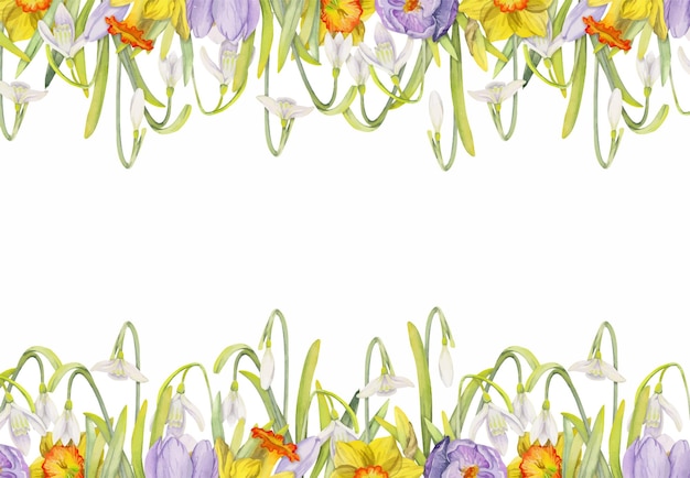 Watercolor hand drawn square frame with spring flowers crocus snowdrops daffodils leaves Isolated on white background Design for invitations wedding greeting cards wallpaper print textile