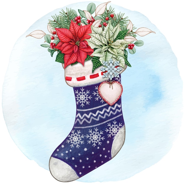 Watercolor hand drawn stocking with poinsettia and pine branches