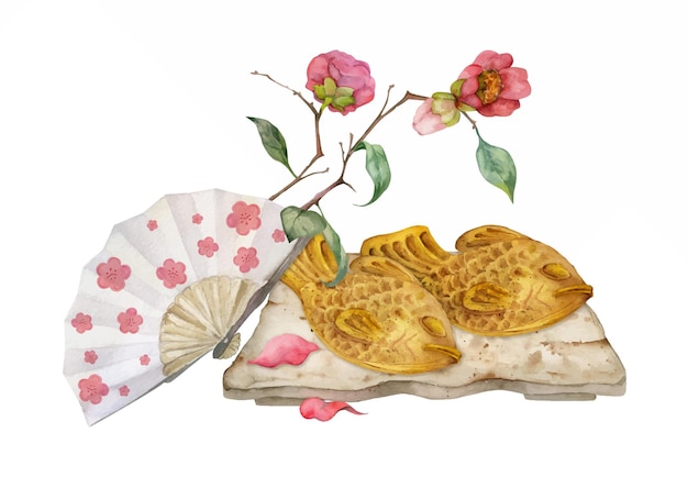 水彩の手描きの伝統的な和菓子セラミック皿たい焼き椿の花ファン白い背景に分離された招待状レストラン メニュー グリーティング カード プリント テキスタイルのデザイン