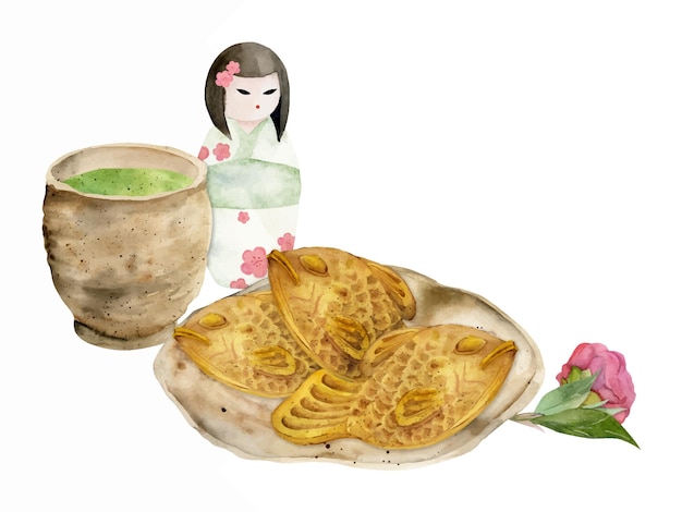 水彩画, 手, 引かれる, 伝統的な和菓子, 陶器, 皿, たいやき, 椿, こけし, 人形, 隔離された, 白, 背景, デザイン, ∥ために∥, 招待状, レストラン, メニュー, グリーティングカード, 印刷, 織物