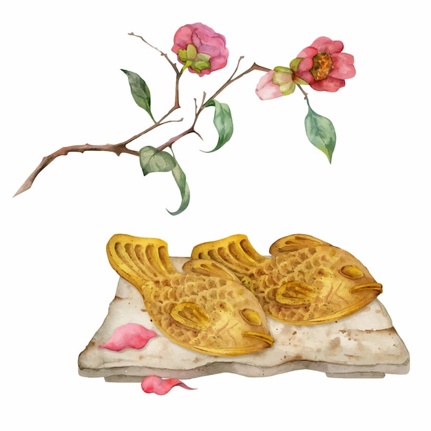 Vettore dolci giapponesi tradizionali disegnati a mano dell'acquerello piatto in ceramica taiyaki inverno camelia fiori isolati su sfondo bianco design per inviti menu ristorante biglietti d'auguri stampa tessile