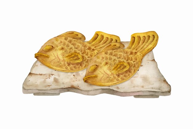 Vettore dolci tradizionali giapponesi disegnati a mano dell'acquerello piatto in ceramica con taiyaki isolato su sfondo bianco design per inviti menu ristorante biglietti d'auguri stampa tessile