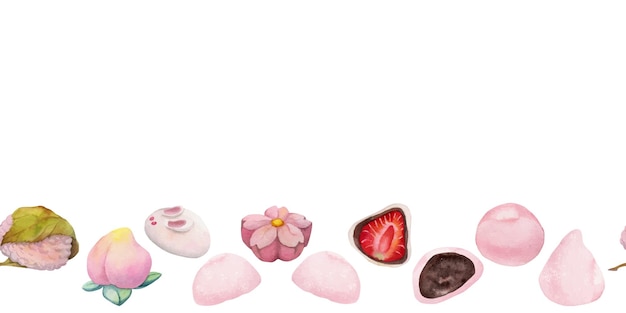 Акварель ручной работы традиционные японские сладости Бесшовная граница весенних цветов вагаси сакуры на белом фоне Для приглашений меню ресторана поздравительные открытки печать текстиля