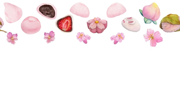 수채화 손으로 그린 전통 일본 과자 봄 와가시 사쿠라 꽃의 원활한 테두리 흰색 배경에 고립 초대장 레스토랑 메뉴 인사말 카드 인쇄 섬유