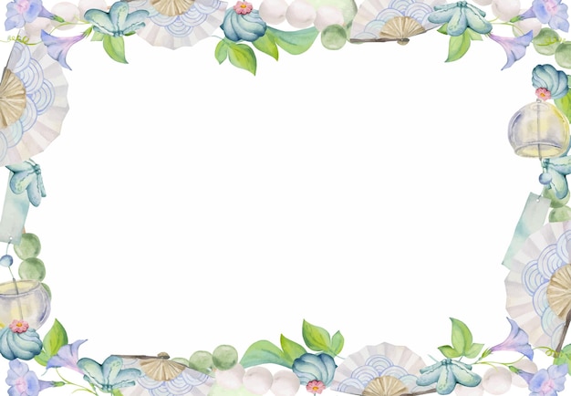 水彩手描きの伝統的な和菓子夏の和菓子朝顔の正方形のフレーム白い背景に分離された招待状レストラン メニュー グリーティング カード プリント テキスタイルのデザイン
