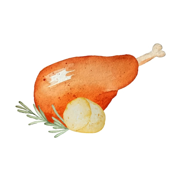 Vector watercolor hand drawn turkey with potato and rosemary cooked for thanksgiving dinner