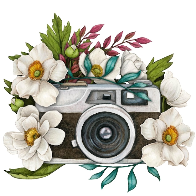 Macchina fotografica vintage disegnata a mano dell'acquerello