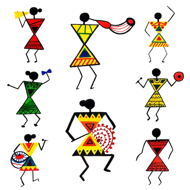 Vector watercolor hand drawn warli art collection