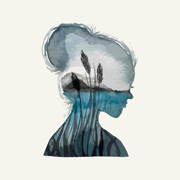 Vector watercolor hand drawn watercolor illustration image of a woman with a lake mountains plants