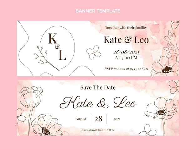 Vector watercolor hand drawn wedding banners horizontal