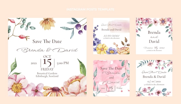 Vector watercolor hand drawn wedding instagram posts