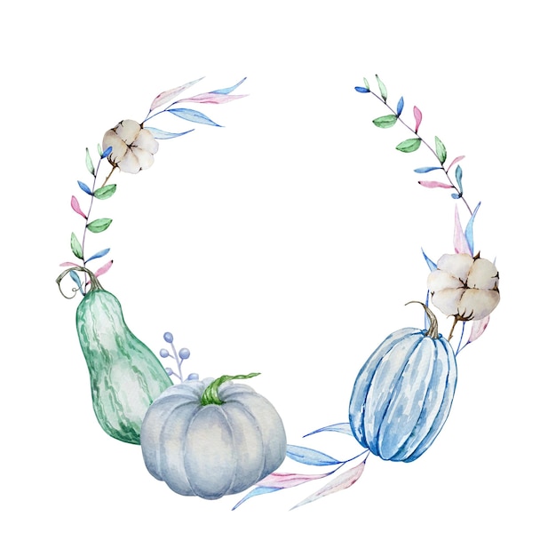 Watercolor hand painted autumn branch wreath. Round frame with blue pumpkins, autumn leaves and branches and cotton. Autumn illustration for design and background.