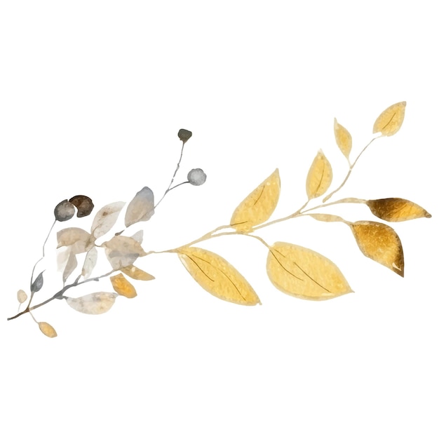 Watercolor hand painted Golden Leaves Print Floral decoration elements isolated on white background
